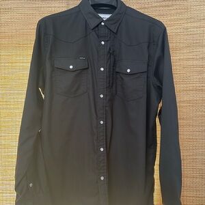 PONCHO OUTDOORS Black Flannel Pearl Snap Long Sleeve Shirt Sz XL Slim
